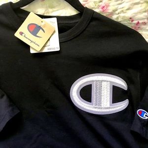 Black Champion T-shirt with Grey logo patch